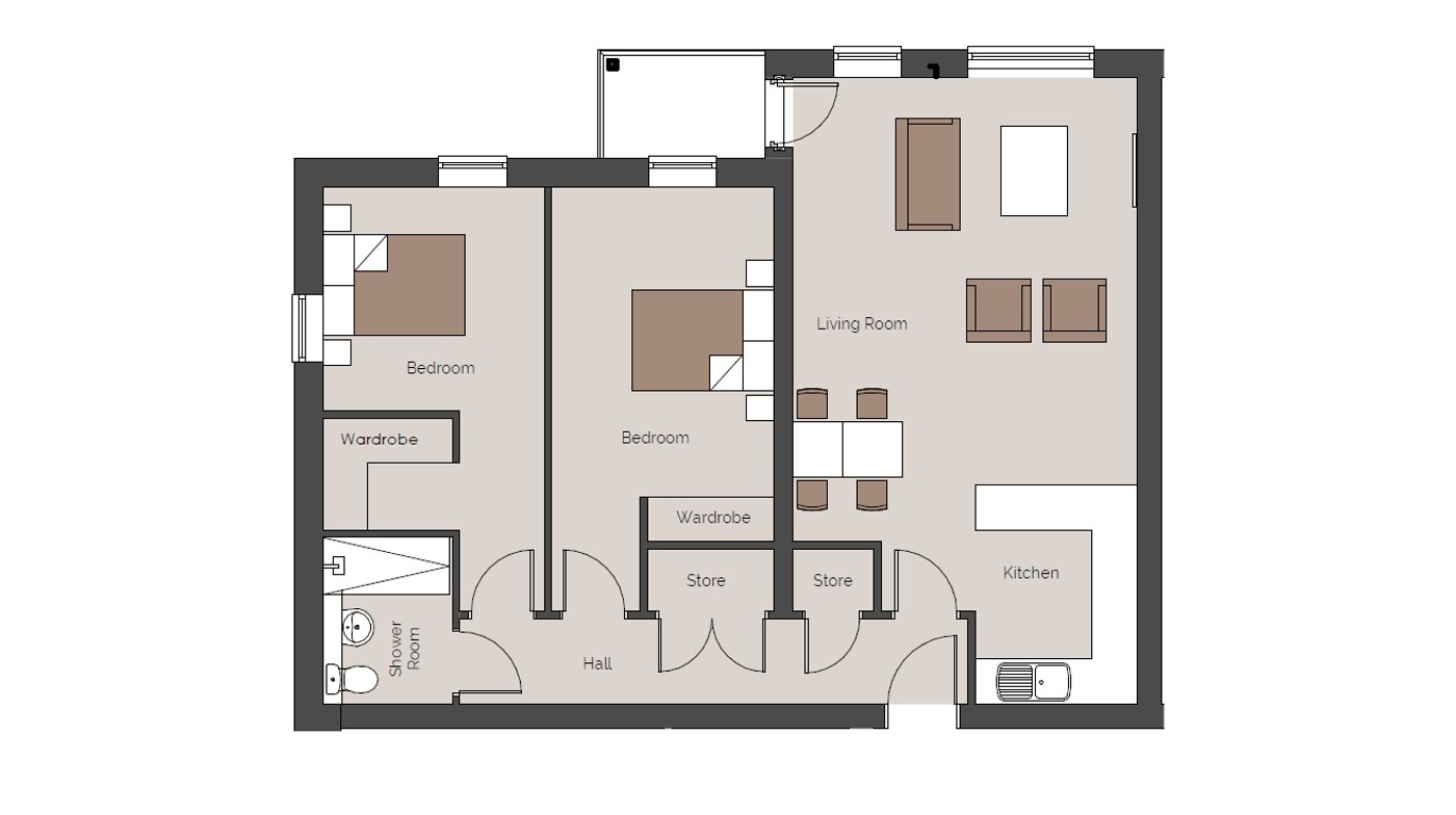 Floor plan of a typical two bedroom retirement apartment in Brighouse by Burghley Retirement Living. Showing a large living room with walk out balcony, an open plan kitchen, a master bedroom with built in wardrobe, a second bedroom also with a built in wardrobe, a shower room and two store cupboards.