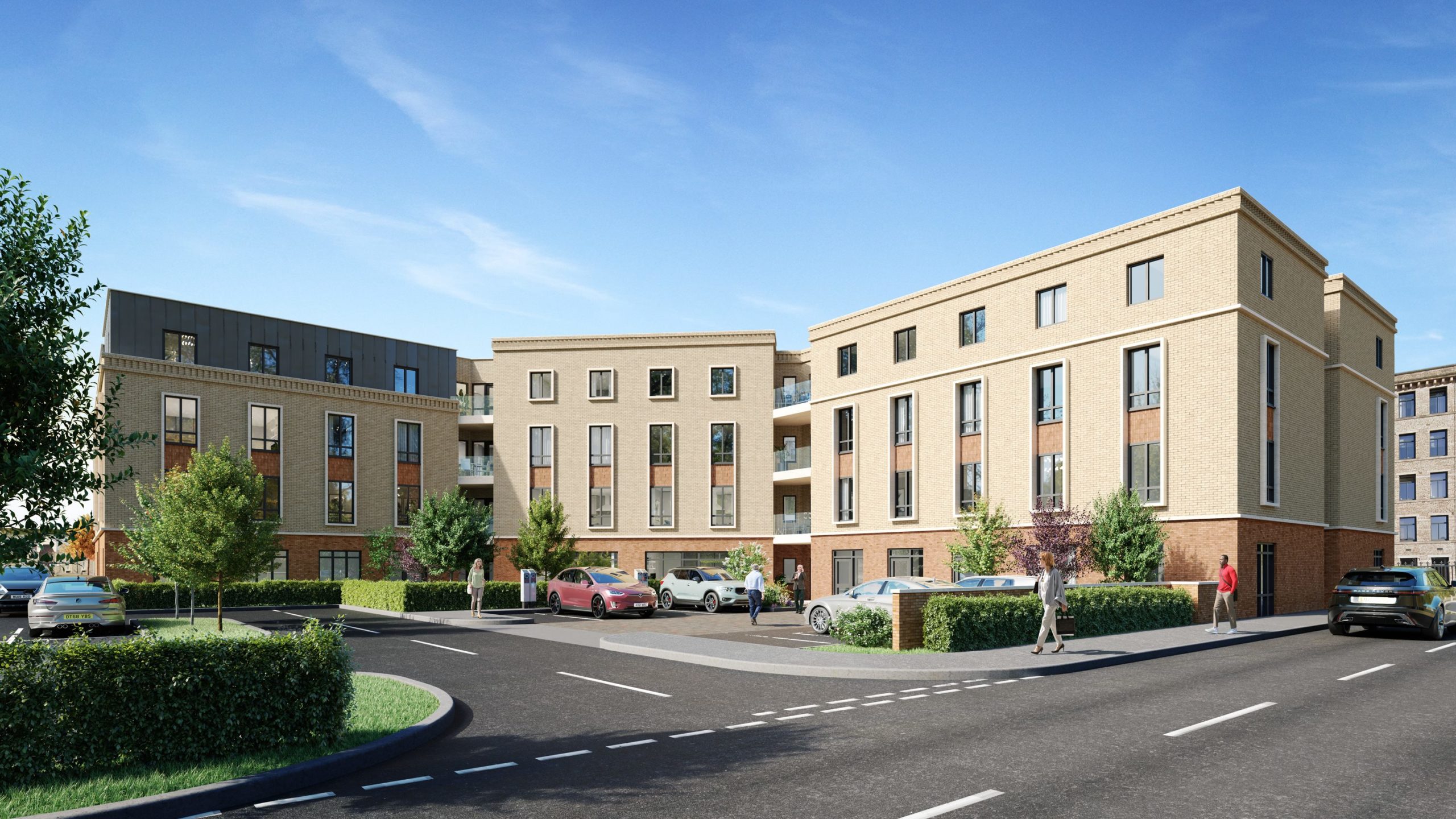 A computer generated image of the exterior at our Shipley development. Showcasing the development parking spaces and the green shrubbery around the building.